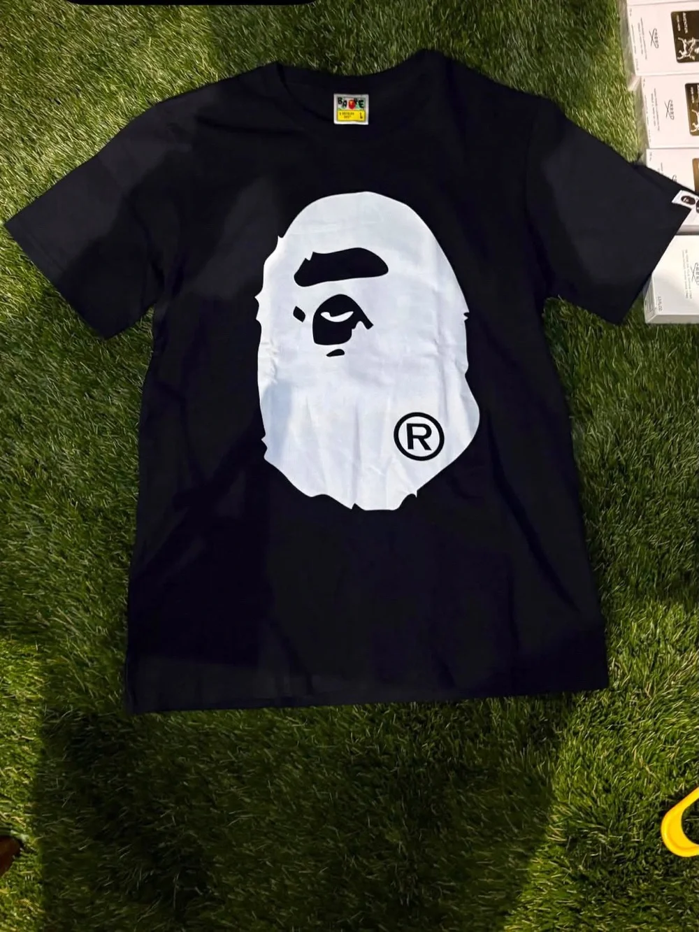 Bape White Tee with Black Ape Outline Graphic